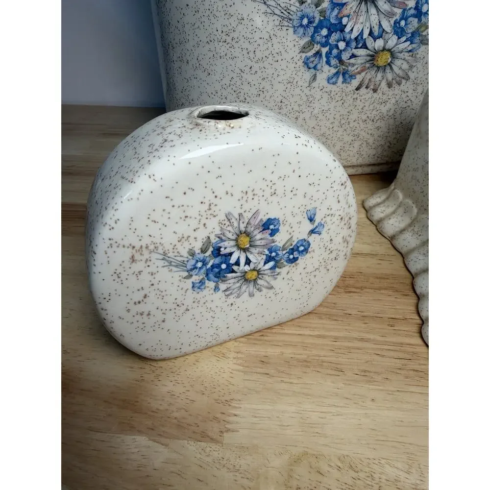 VTG 1983 Gator Mold Ceramic Vanity Bathroom Set of 3 Speckled Blue Floral